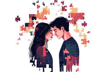 An isolated image of a couple puzzle, symbolizing connection and relationships, with two pieces fitting together perfectly