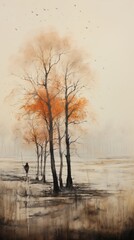 Wall Mural - distant view, linear composition, moody ink painting, autumn, Chen Jia Leng, Morandi color, row of trees, 