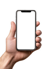 Hand holding smartphone with blank screen isolated on transparent background

