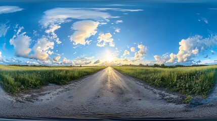 spherical 360 hdri panorama on old asphalt road with clouds and sun on blue sky in equirectangular seamless projection as skydome replacement in drone panoramas game development : Generative AI