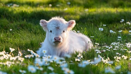 Wall Mural - a fluffy white scottish highland calf rests peacefully in a field filled with blooming daisies and lush green grass