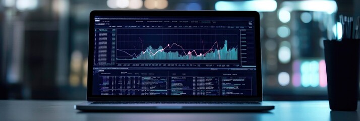 A large number and line graph is displayed on a laptop screen. concepts of intricacy and complexity as well as data analysis and interpretation