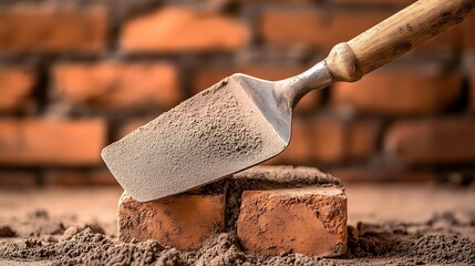 Trowel Resting on Mortar and Bricks