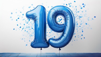 Blue birthday / anniversary balloon, number 19, white background with confetti