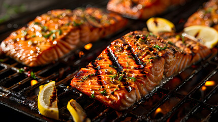 Wall Mural - Fresh cooked delicious salmon steak with spices and herbs. AI Generated