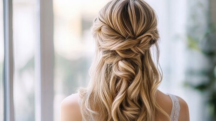 A back view of a twisted half-up hairstyle with loose waves, creating a romantic and feminine look.