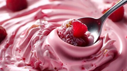 Poster - A strawberry is floating in a pink swirl of ice cream. The strawberry is surrounded by a pink wave of ice cream, and the image conveys a sense of fun and playfulness
