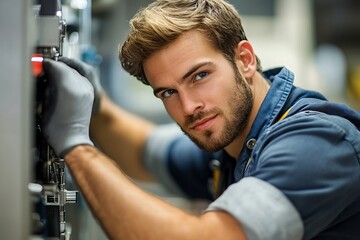 attractive repairman concentrated at work, Generative AI