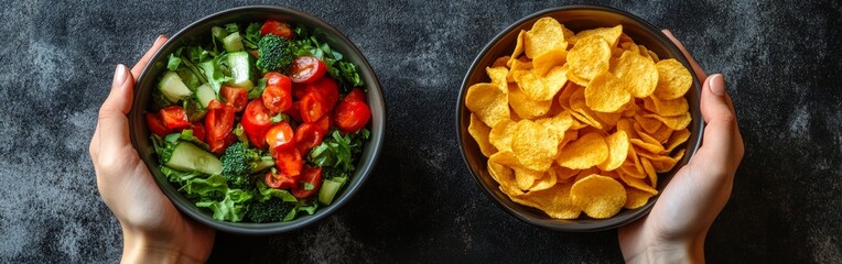 Healthy Salad vs Junk Food Chips in Contrasting Hands