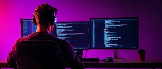 Wall Mural - A programmer coding at a desk with multiple monitors and headphones, immersed in technology and digital creativity.