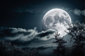 full moon illuminating silhouetted trees