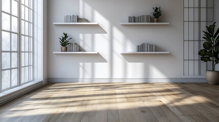 Poster - Empty bedroom with white wooden shelves on the wall French oak floors : Generative AI