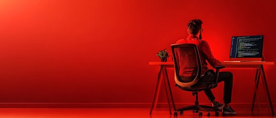 A focused individual coding in a modern workspace with a vibrant red background, showcasing productivity and creativity.