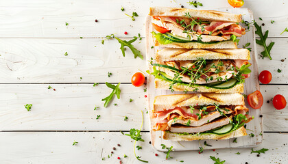 Canvas Print - Club sandwich with chicken breast, bacon, tomato, cucumber and herbs. Top view