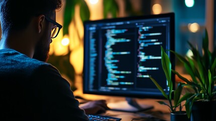 Wall Mural - A focused individual programming at night, illuminated by a computer screen showcasing lines of code and lush green plants.