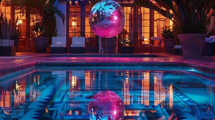 Poolside party lit up by a disco ball