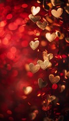 Poster - Romantic golden heart shaped bokeh on deep red background for a festive atmosphere