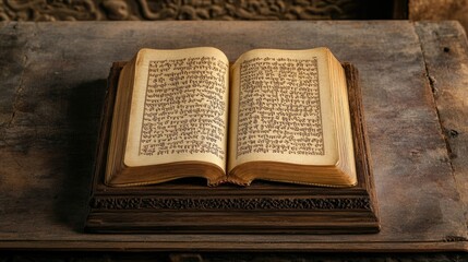 Jain prayer book open on a simple wooden altar, no people, clear background, ample copy space