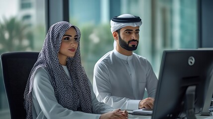 Man and woman with traditional clothes working in a business office of Dubai Portraits of  successful entrepreneurs businessman and businesswoman in formal emirates outfits : Generative AI