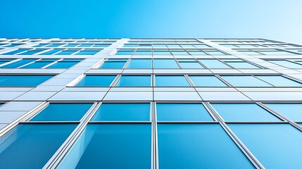 Wall Mural - Row of glass Windows on white Modern office Building against blue clear sky in low angle and perspective side view Architecture Background concept : Generative AI