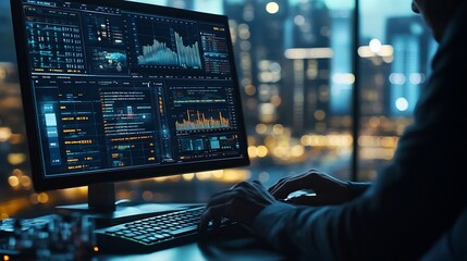 Fototapete - An analyst uses a computer and dashboard for data business analysis and Data Management System with KPI and metrics connected to the database for technology finance operations sales ma : Generative AI