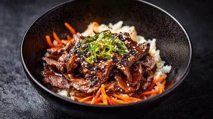 Korean food beef bulgogi on rice in black bowl
