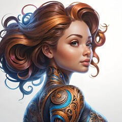 Vibrant red-haired woman with intricate, colorful, futuristic armor in a stylized digital art portrait, showcasing beauty