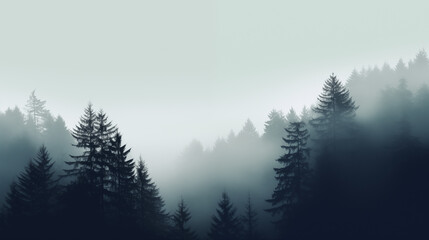 Poster - Foggy Mountain Pine Forest At Dawn With Soft Light And Dense Trees