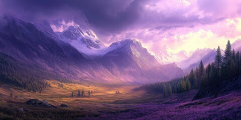 A stunning mountain valley scenery Purple-themed desktop wallpaper with a scenic art background of a natural scene