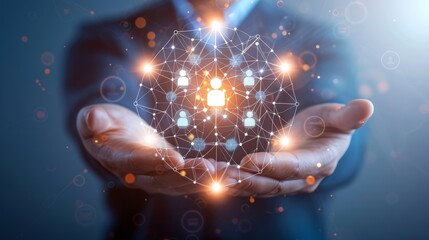 Businessman hold circle of network structure HR Human resources. Business leadership concept. Management and recruitment. Social network. Different person, business, leader