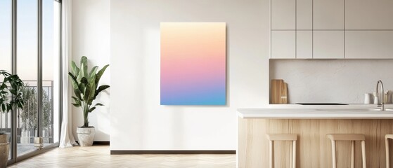 Wall Mural - A white kitchen with a large window and a painting of a colorful sky on the wall