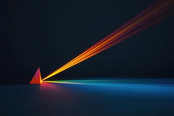 High-power laser beam intersecting with crystal, refracting into a spectrum of colors, high power laser, light refraction concept