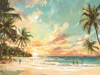 Mesmerizing Tropical Sunset Beach Scene with Families Enjoying Island Serenity