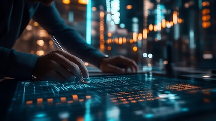 Poster - The 2024 New Year business goals concept Businessman analyzes graph of trend market growth in 2024 and plans business growth and profit increases calculates financial data for longterm : Generative AI
