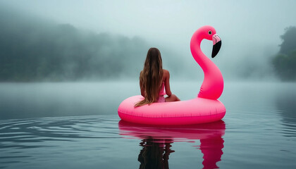 Wall Mural - A whimsical image of a woman floating on a large, pink inflatable flamingo in a calm, mist-covered