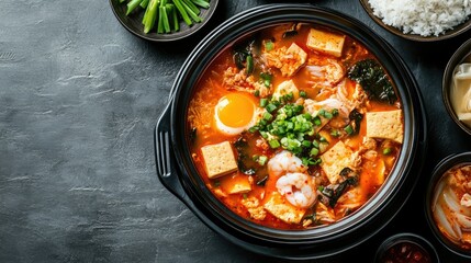 Wall Mural - Top view of a hearty serving of soondubu jjigae, soft tofu stew with seafood, and rice. Copy space.