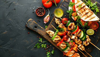 Canvas Print - Chicken kebab with grilled vegetables and tortilla wrap. Top view