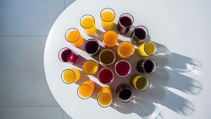 Flat lay with glasses of different juice isolated on white