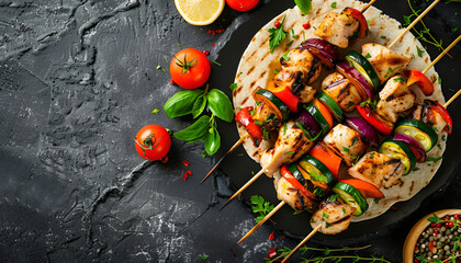 Canvas Print - Chicken kebab with grilled vegetables and tortilla wrap. Top view