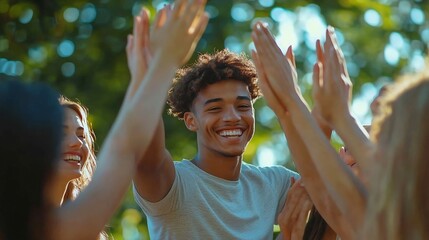 Group of happy diverse people celebrate victory in outdoor team game in green summer park Joyful young man and woman give each other high five while their friends clap hands and cheer : Generative AI