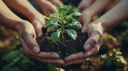 Diverse group of people holding sustainable plants in an eco friendly environment for nature conservation Closeup of hands planting in fertile soil for sustainability and organic farmi : Generative AI