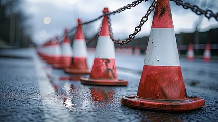 Traffic cones red and white linked by chains lining the road