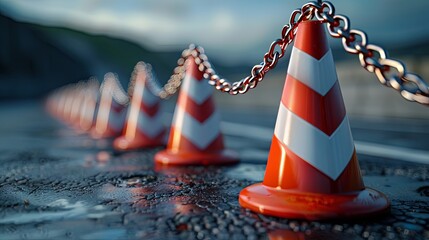 Traffic cones red and white linked by chains lining the road