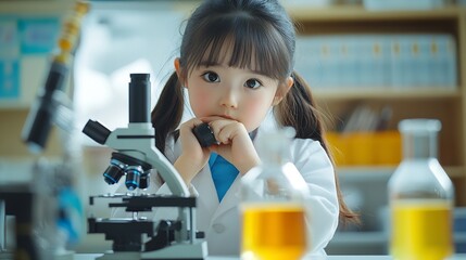 Fototapete - portrait asian little female kid in scientist uniform trying to use a microscope doing a chemistry lab experiment in science classconcept education science class workshop : Generative AI