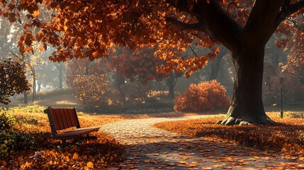 Peaceful park scene in autumn with fallen leaves a bench under an oak tree and a winding path Warm autumnal with rich oranges reds browns and detailed 3D-rendered leaves