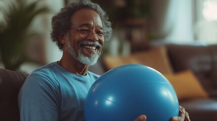 Happy home caregiver with senior man holding fitness ball and doing exercise : Generative AI