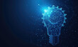 © Q STOCK - Abstract blue glowing light bulb with gears inside. Machine learning and AI concept Low poly style design. Abstract geometric background. Wireframe light connection structure
