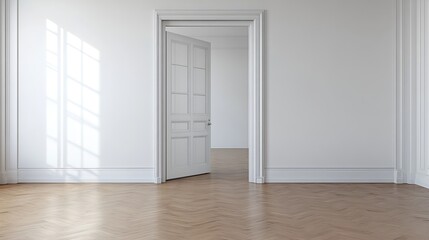 Poster - an empty room with white walls and wood flooring the door is open on the right side to the left : Generative AI