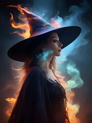 Realistic double exposure, Side profile silhouette of an  witch with a long crooked nose