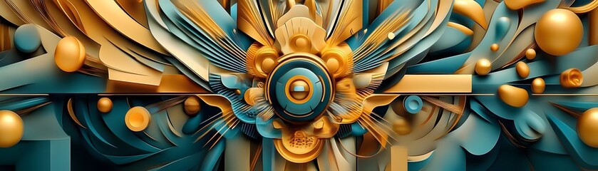 Wall Mural - Abstract 3D Art with Teal and Gold Tones.